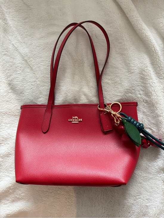 Coach Handbags - Coach Small City Tote. Red Leather Tote with Green Charm Accent